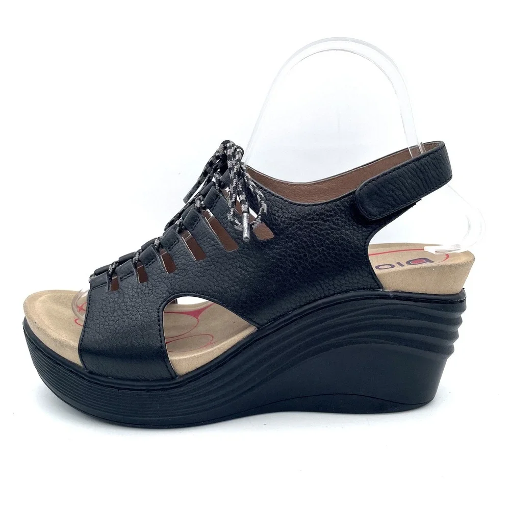 Bionica Balance Black Leather Wedge Sandals Womens 7.5M Comfort Lace Up Boho